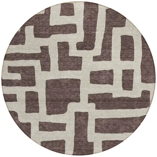 8' Brown And Beige Round Abstract Washable Indoor Outdoor Area Rug Photo 4