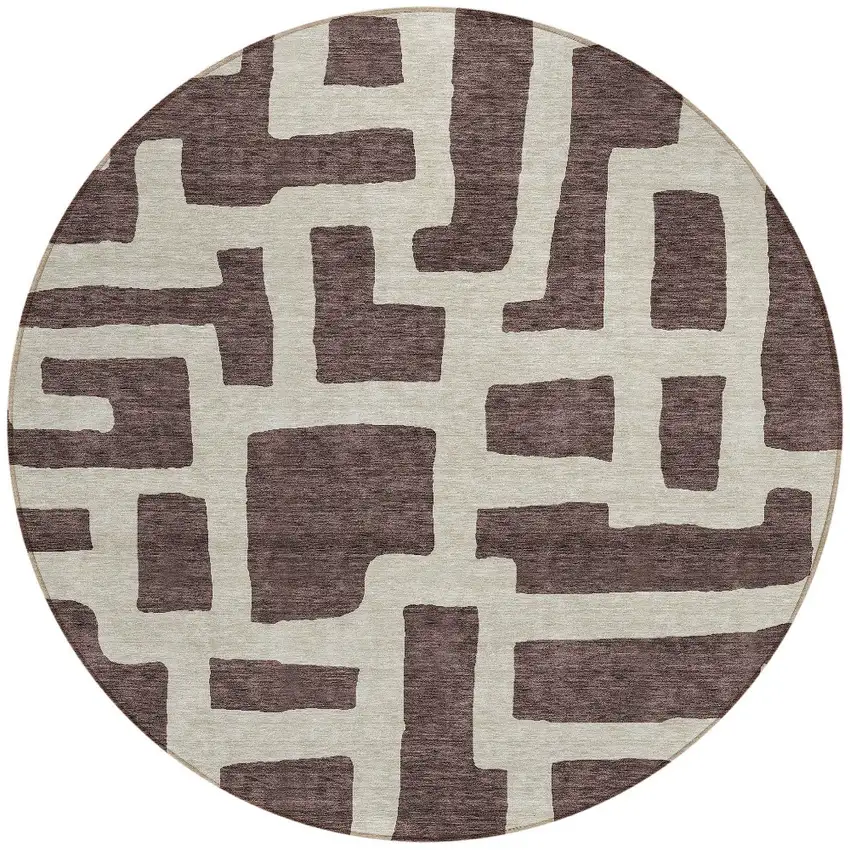8' Brown And Beige Round Abstract Washable Indoor Outdoor Area Rug Photo 4