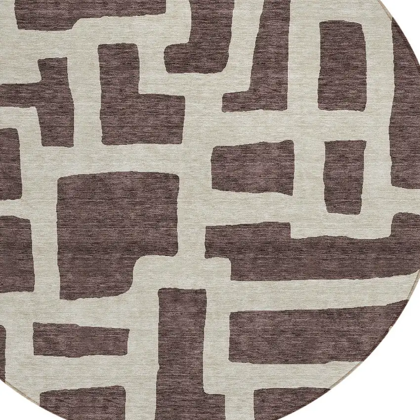 8' Brown And Beige Round Abstract Washable Indoor Outdoor Area Rug Photo 3
