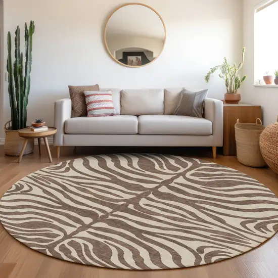 8' Brown And Beige Round Animal Print Washable Indoor Outdoor Area Rug Photo 8