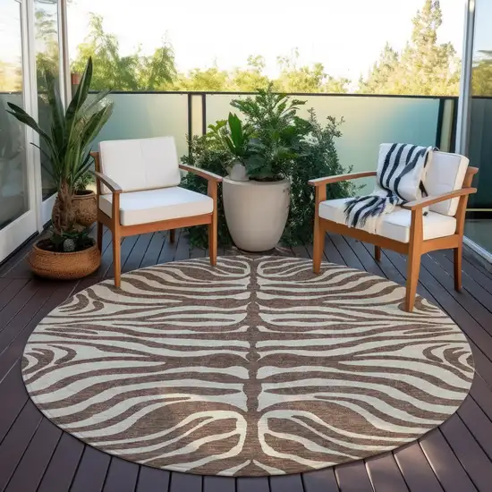 8' Brown And Beige Round Animal Print Washable Indoor Outdoor Area Rug Photo 7