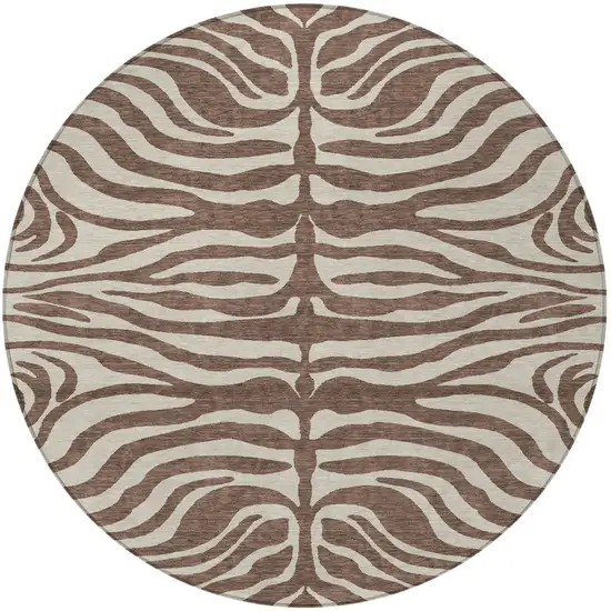 8' Brown And Beige Round Animal Print Washable Indoor Outdoor Area Rug Photo 4