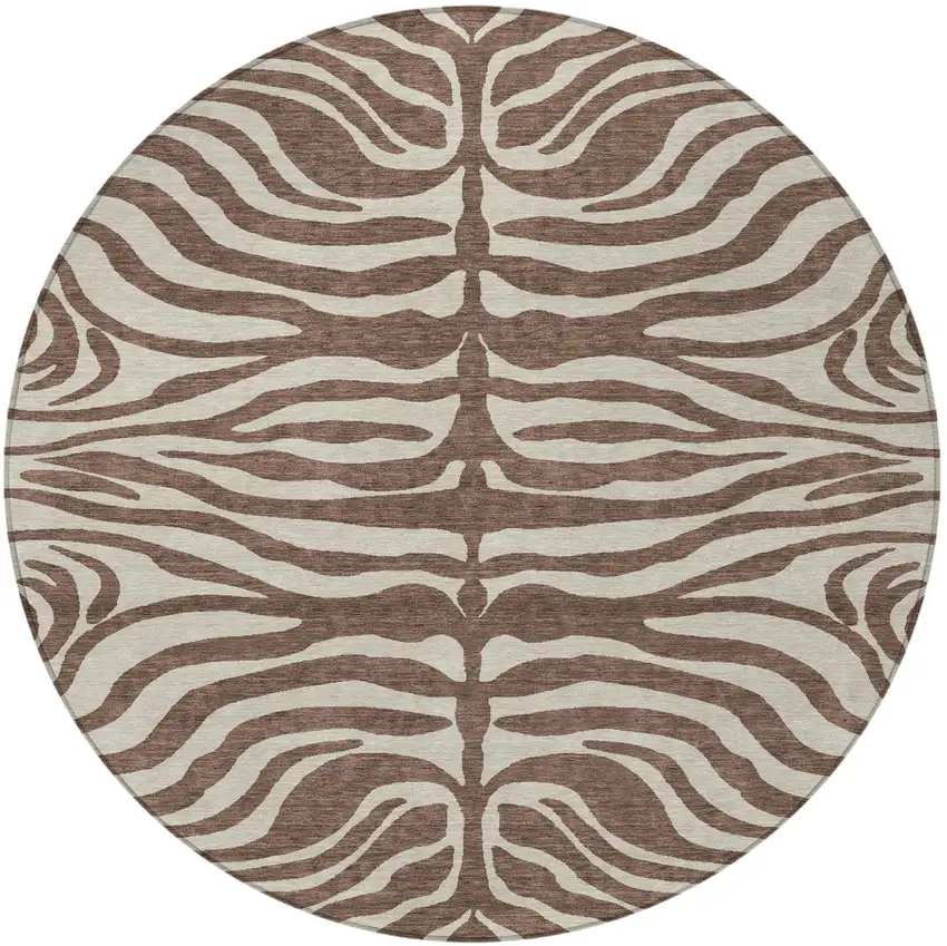 8' Brown And Beige Round Animal Print Washable Indoor Outdoor Area Rug Photo 4