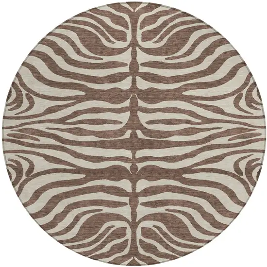 8' Brown And Beige Round Animal Print Washable Indoor Outdoor Area Rug Photo 2