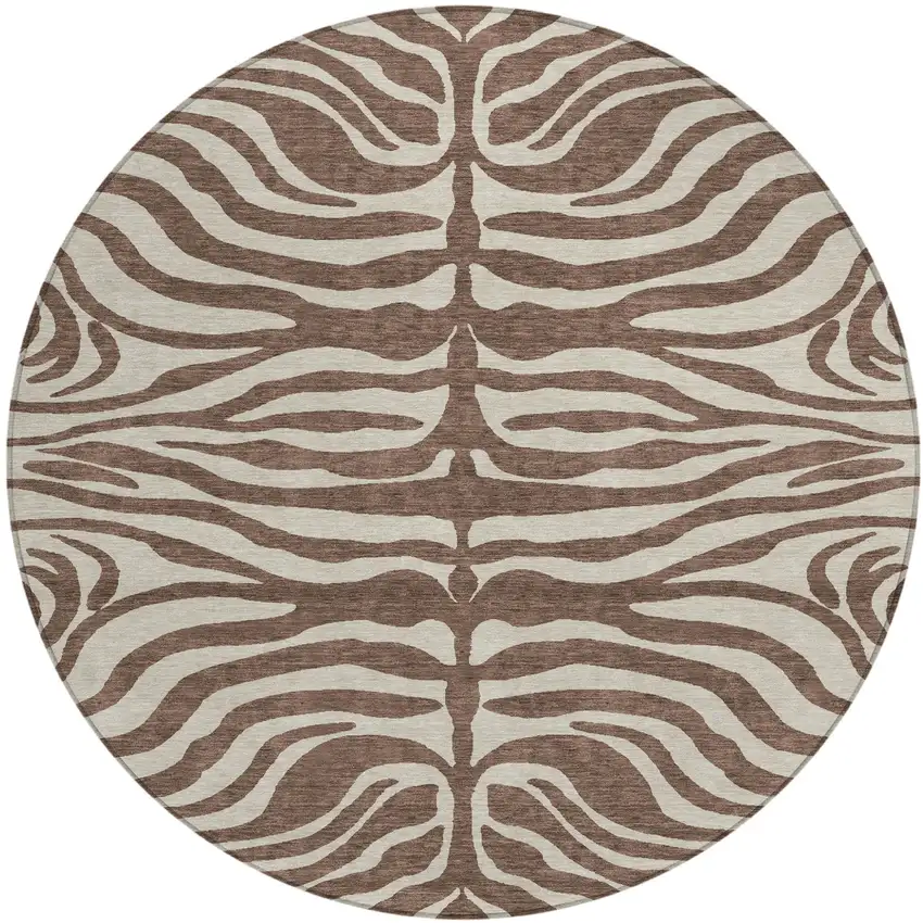 8' Brown And Beige Round Animal Print Washable Indoor Outdoor Area Rug Photo 2