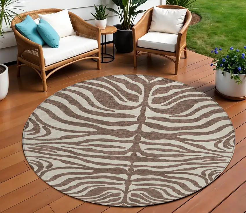 8' Brown And Beige Round Animal Print Washable Indoor Outdoor Area Rug Photo 1