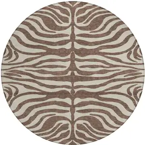 Photo of 8' Brown And Beige Round Animal Print Washable Indoor Outdoor Area Rug