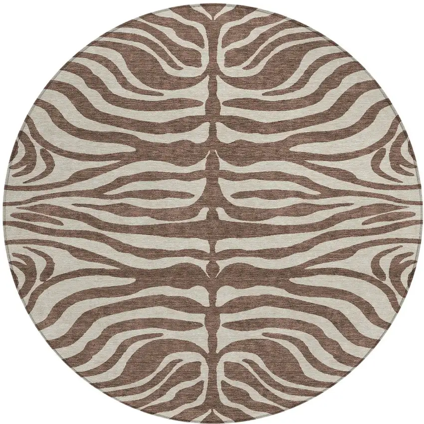 8' Brown And Beige Round Animal Print Washable Indoor Outdoor Area Rug Photo 3