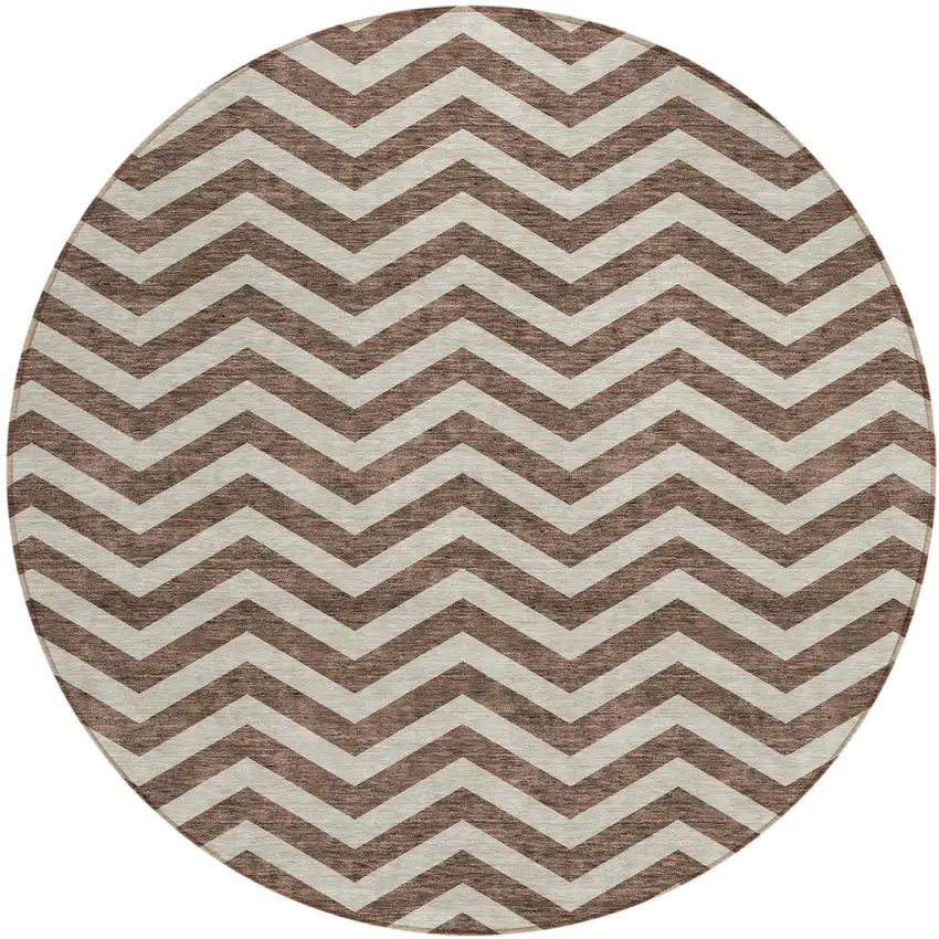 8' Brown And Beige Round Chevron Washable Indoor Outdoor Area Rug Photo 2