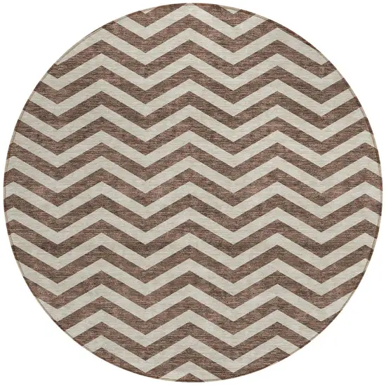 8' Brown And Beige Round Chevron Washable Indoor Outdoor Area Rug Photo 6