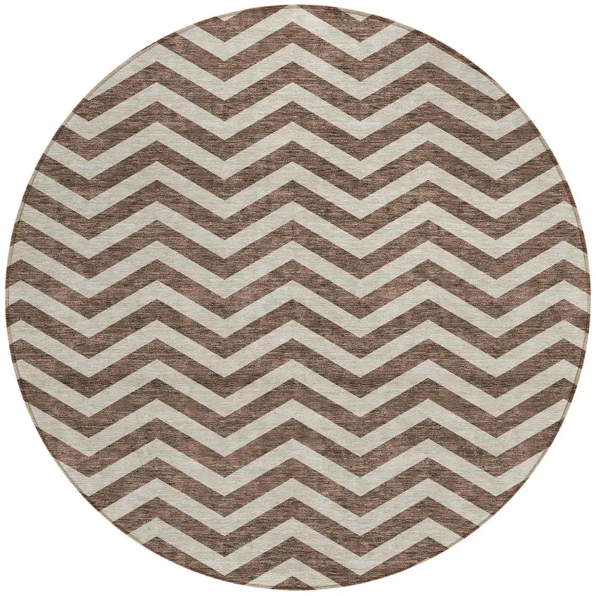 8' Brown And Beige Round Chevron Washable Indoor Outdoor Area Rug Photo 6