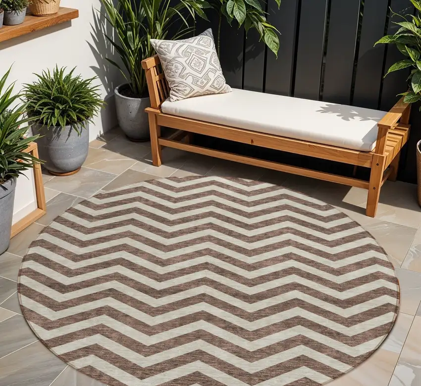 8' Brown And Beige Round Chevron Washable Indoor Outdoor Area Rug Photo 1