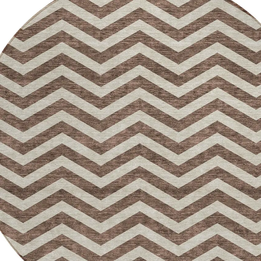 8' Brown And Beige Round Chevron Washable Indoor Outdoor Area Rug Photo 4