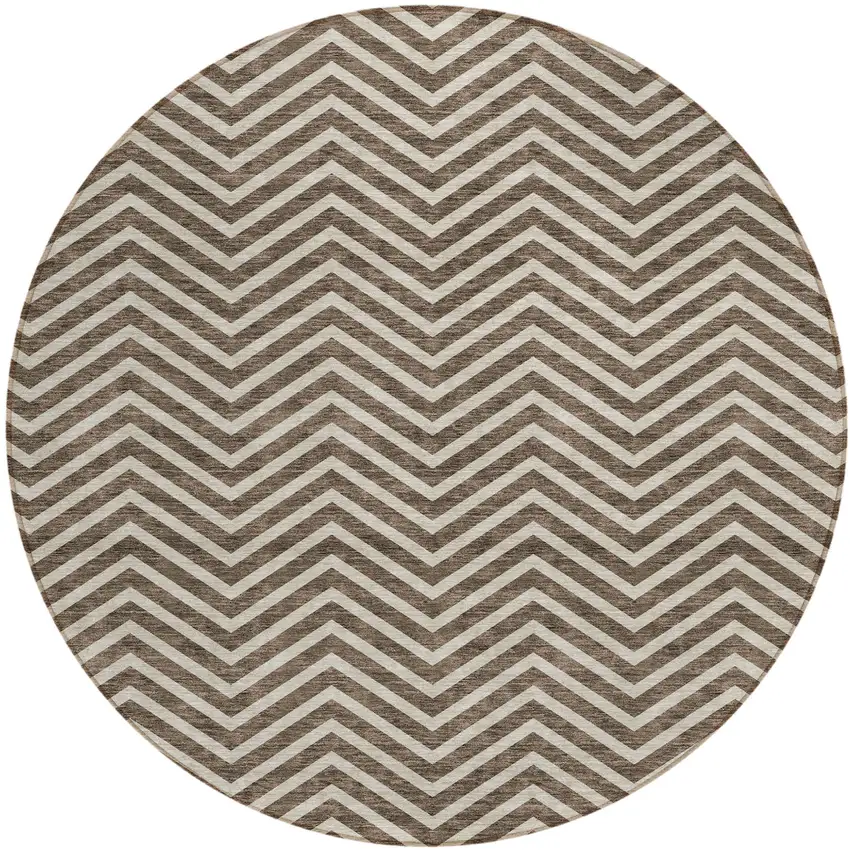 8' Brown And Beige Round Chevron Washable Indoor Outdoor Area Rug Photo 2