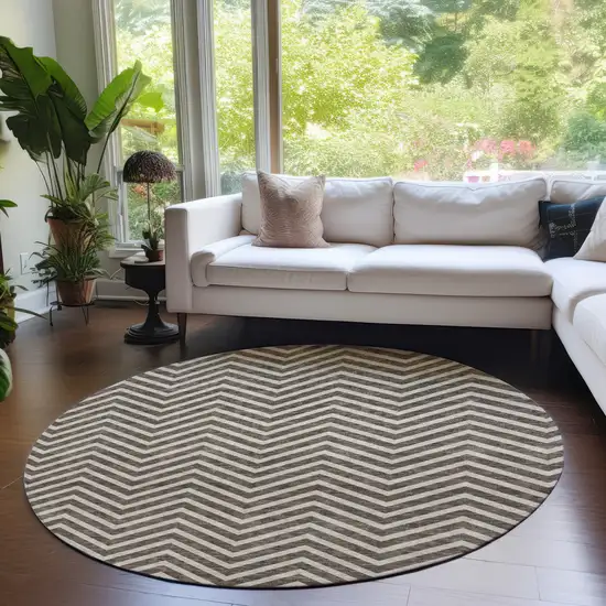 8' Brown And Beige Round Chevron Washable Indoor Outdoor Area Rug Photo 8