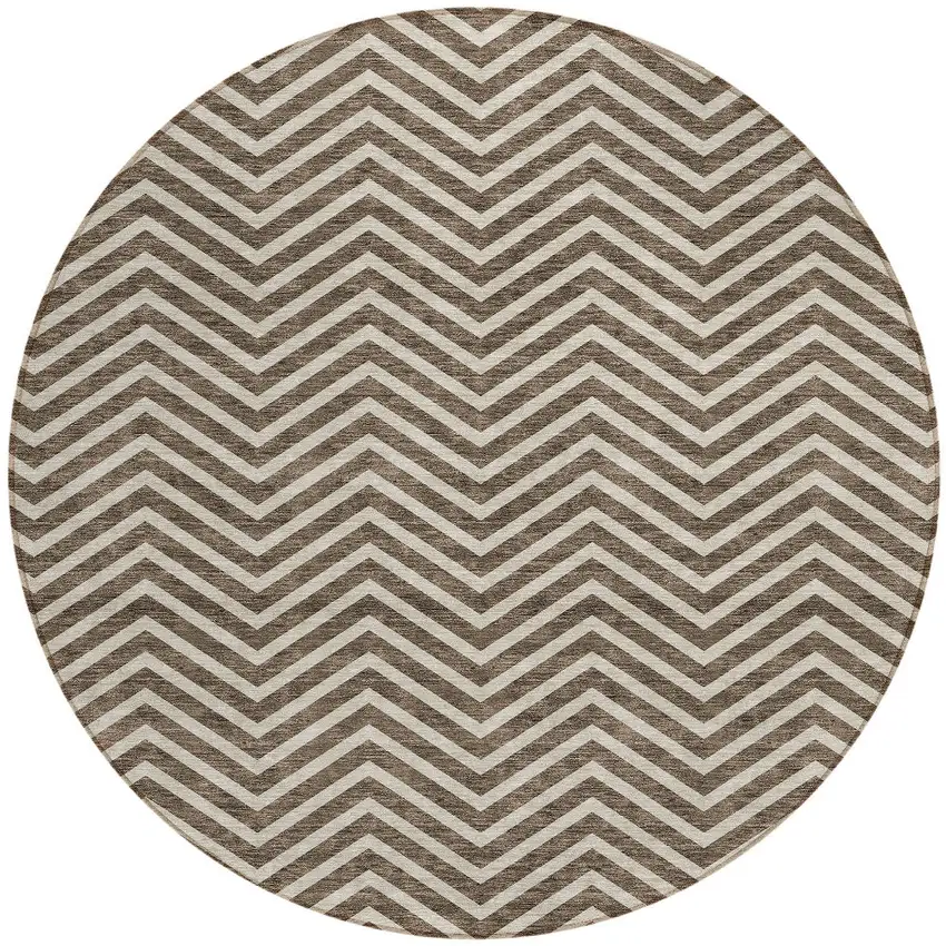 8' Brown And Beige Round Chevron Washable Indoor Outdoor Area Rug Photo 6