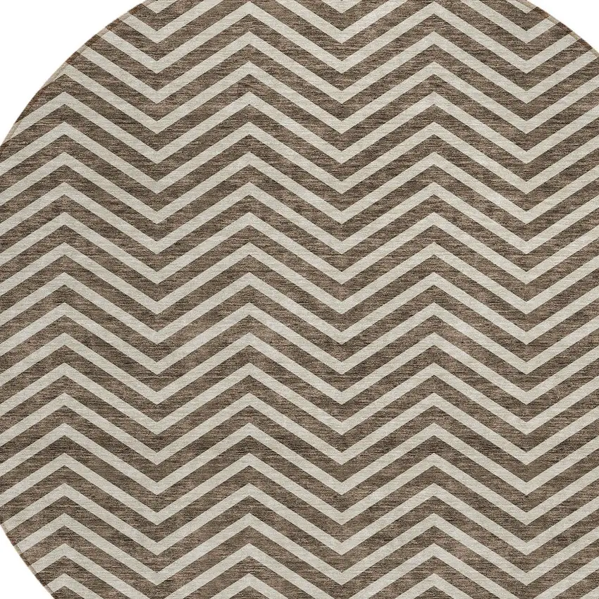 8' Brown And Beige Round Chevron Washable Indoor Outdoor Area Rug Photo 4