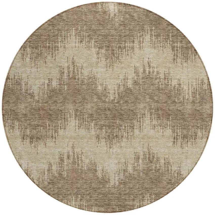 8' Brown And Beige Round Chevron Washable Indoor Outdoor Area Rug Photo 4