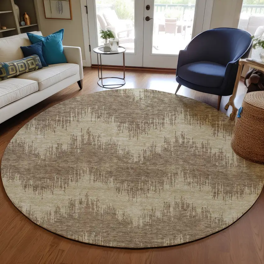 8' Brown And Beige Round Chevron Washable Indoor Outdoor Area Rug Photo 7