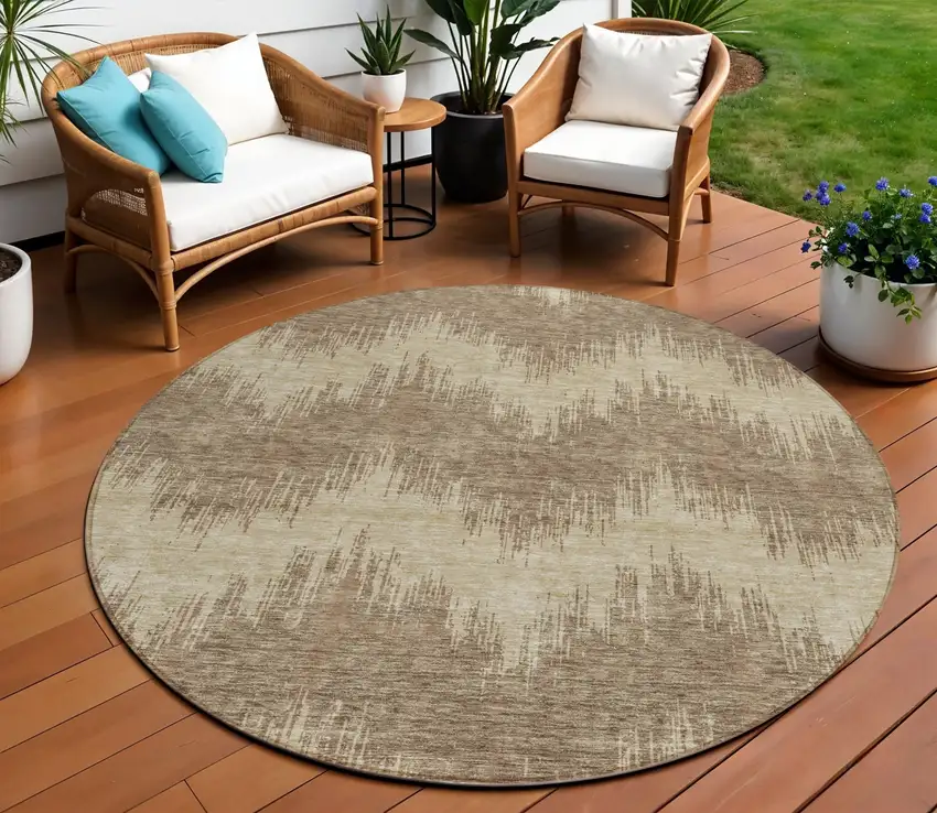 8' Brown And Beige Round Chevron Washable Indoor Outdoor Area Rug Photo 1