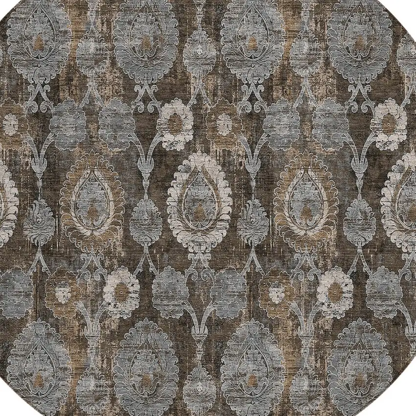 8' Brown And Beige Round Damask Washable Indoor Outdoor Area Rug Photo 5