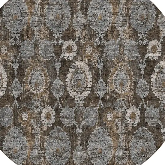 8' Brown And Beige Round Damask Washable Indoor Outdoor Area Rug Photo 5