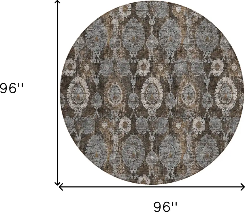 8' Brown And Beige Round Damask Washable Indoor Outdoor Area Rug Photo 3