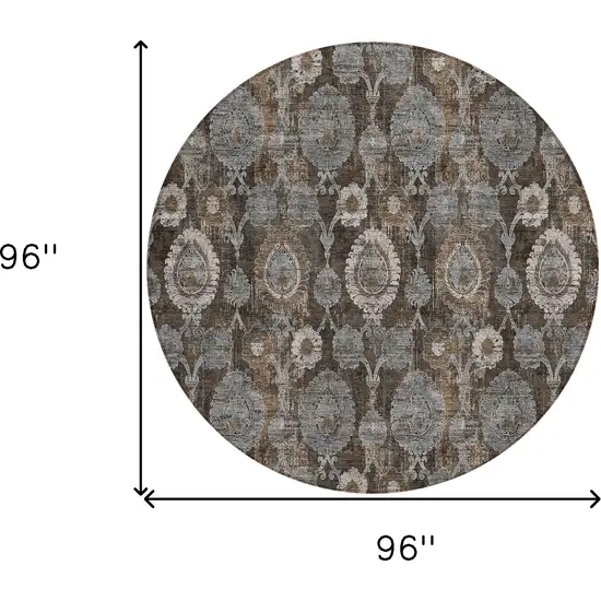 8' Brown And Beige Round Damask Washable Indoor Outdoor Area Rug Photo 3