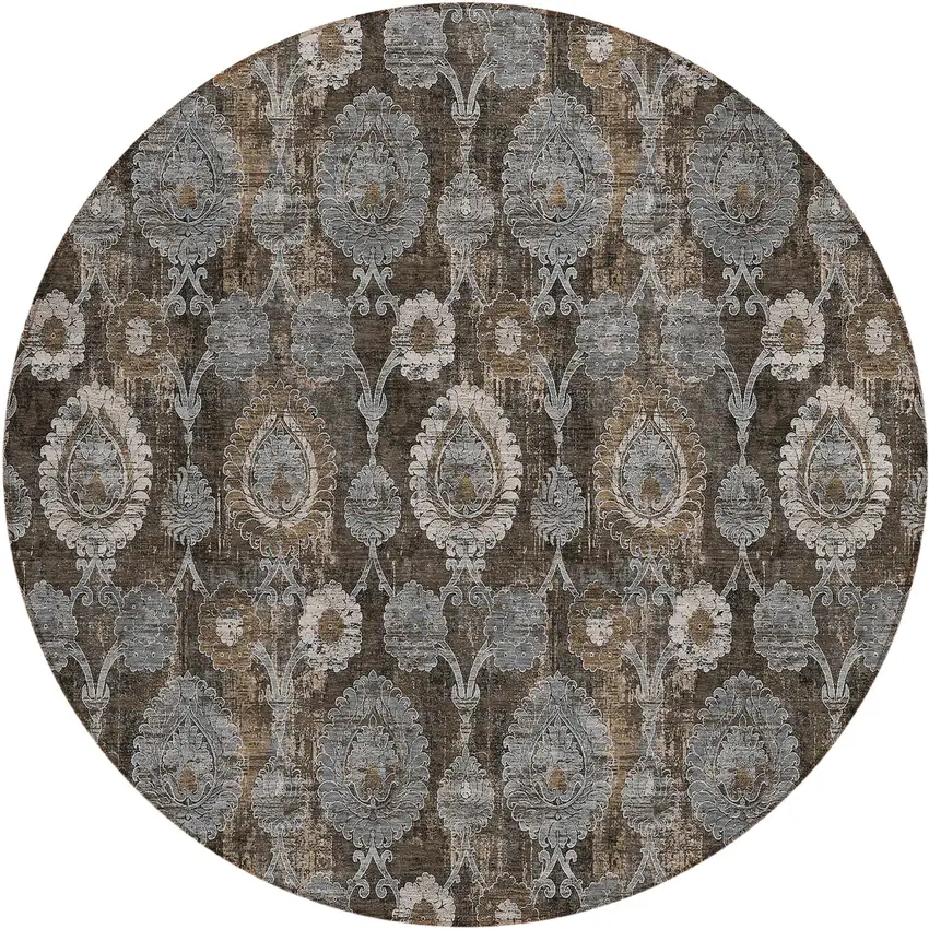 8' Brown And Beige Round Damask Washable Indoor Outdoor Area Rug Photo 2