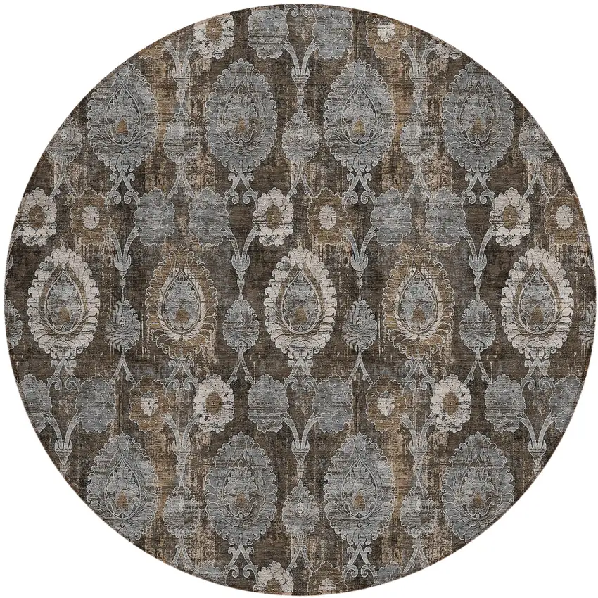 8' Brown And Beige Round Damask Washable Indoor Outdoor Area Rug Photo 2