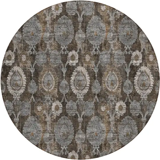 8' Brown And Beige Round Damask Washable Indoor Outdoor Area Rug Photo 2