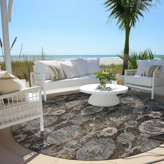 8' Brown And Beige Round Damask Washable Indoor Outdoor Area Rug Photo 7