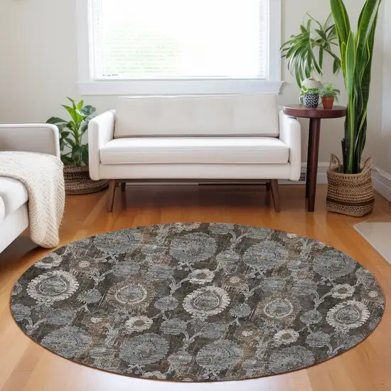 8' Brown And Beige Round Damask Washable Indoor Outdoor Area Rug Photo 8