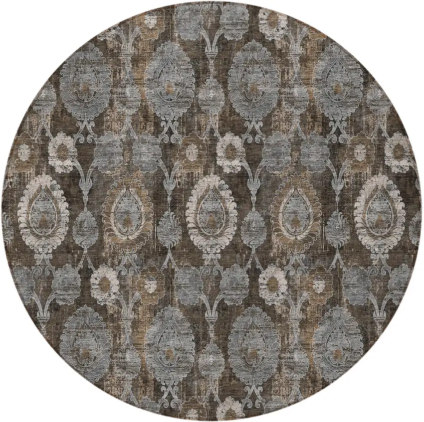 8' Brown And Beige Round Damask Washable Indoor Outdoor Area Rug Photo 6