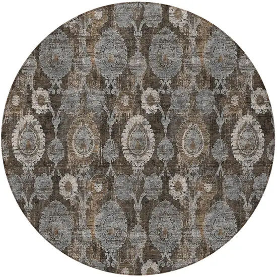 8' Brown And Beige Round Damask Washable Indoor Outdoor Area Rug Photo 6
