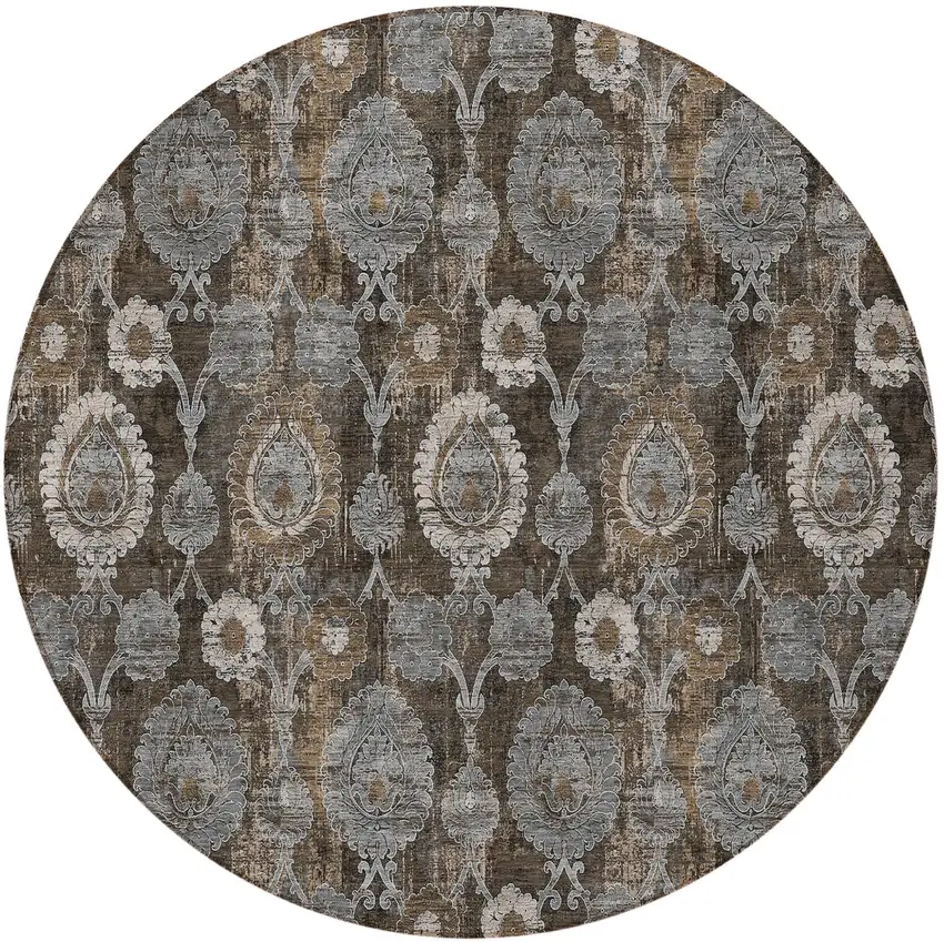 8' Brown And Beige Round Damask Washable Indoor Outdoor Area Rug Photo 6