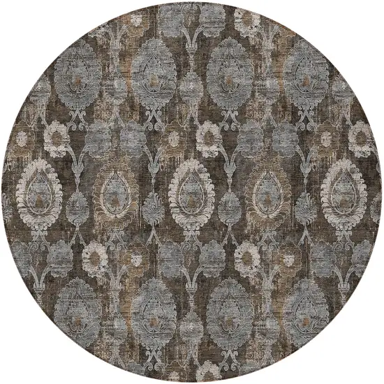 8' Brown And Beige Round Damask Washable Indoor Outdoor Area Rug Photo 6