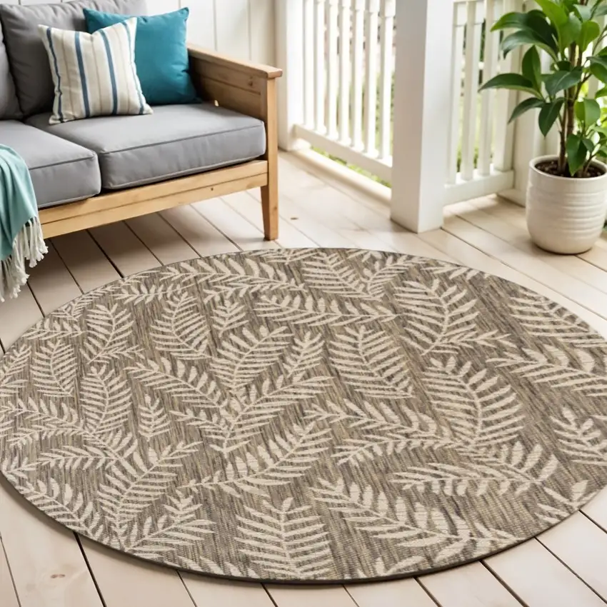 6' Brown And Beige Round Floral Indoor Outdoor Area Rug Photo 1