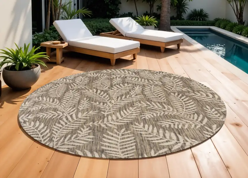 9' Brown And Beige Round Floral Indoor Outdoor Area Rug Photo 1