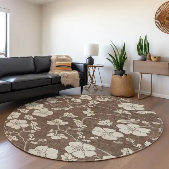 8' Brown And Beige Round Floral Washable Indoor Outdoor Area Rug Photo 7