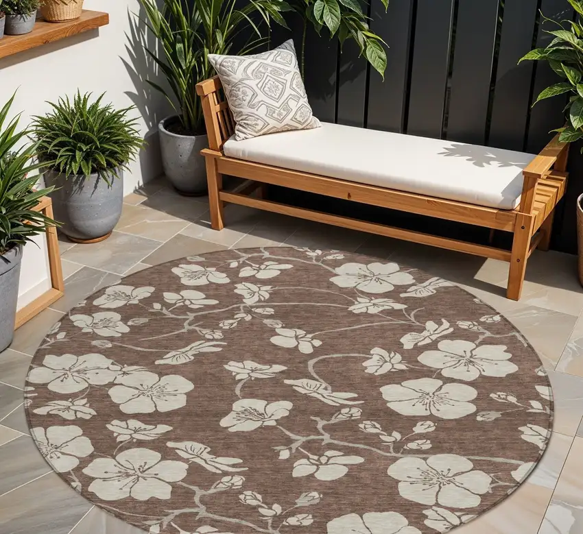 8' Brown And Beige Round Floral Washable Indoor Outdoor Area Rug Photo 1