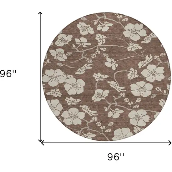8' Brown And Beige Round Floral Washable Indoor Outdoor Area Rug Photo 3