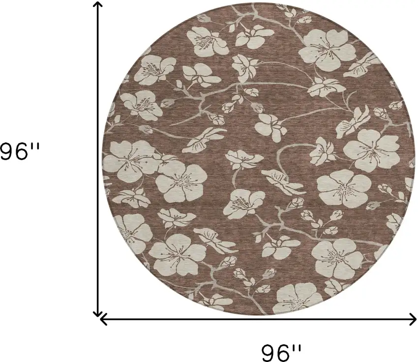 8' Brown And Beige Round Floral Washable Indoor Outdoor Area Rug Photo 3