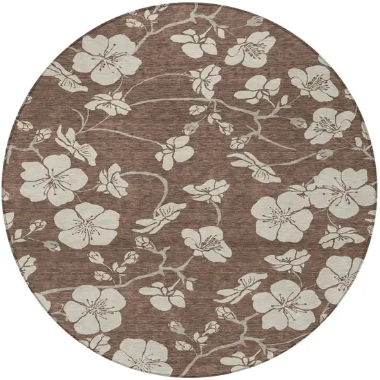 8' Brown And Beige Round Floral Washable Indoor Outdoor Area Rug Photo 5