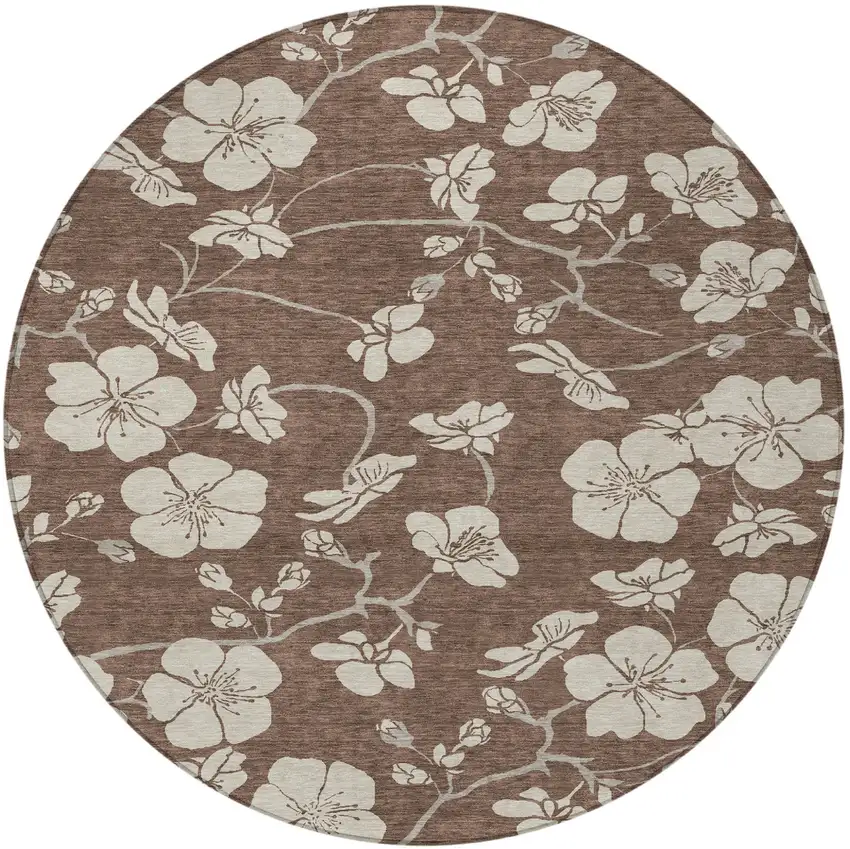 8' Brown And Beige Round Floral Washable Indoor Outdoor Area Rug Photo 5