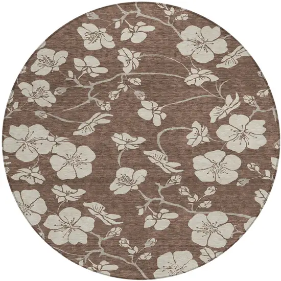 8' Brown And Beige Round Floral Washable Indoor Outdoor Area Rug Photo 2