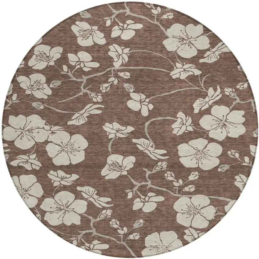 8' Brown And Beige Round Floral Washable Indoor Outdoor Area Rug Photo 2