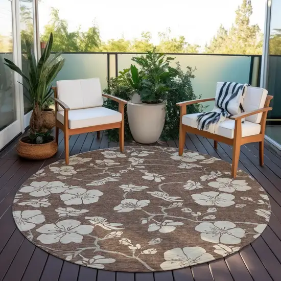 8' Brown And Beige Round Floral Washable Indoor Outdoor Area Rug Photo 6