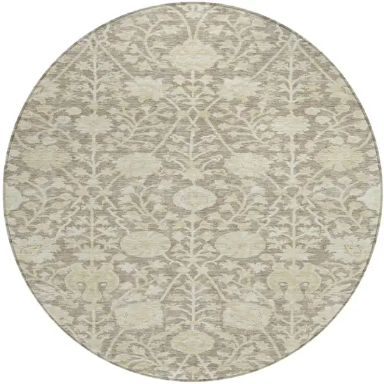 8' Brown And Beige Round Floral Washable Indoor Outdoor Area Rug Photo 2