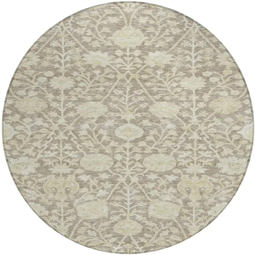 8' Brown And Beige Round Floral Washable Indoor Outdoor Area Rug Photo 2